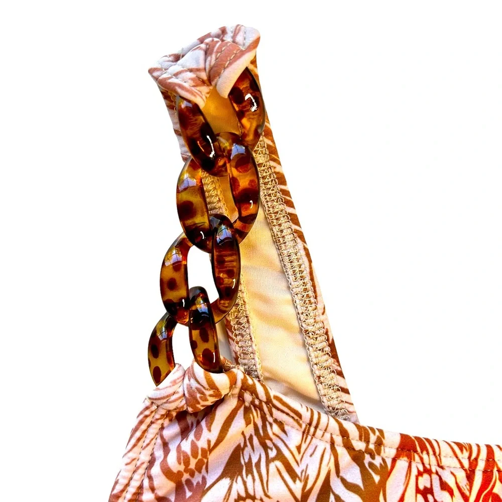 Shoshanna One Piece Swimsuit One Shoulder Chain Detail Amber Safari Print Size 4